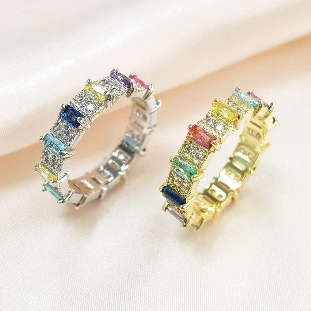 Wholesale Fashion Jewelry 18K Gold Plated Multi-Colored CZ Rainbow Rings for Women