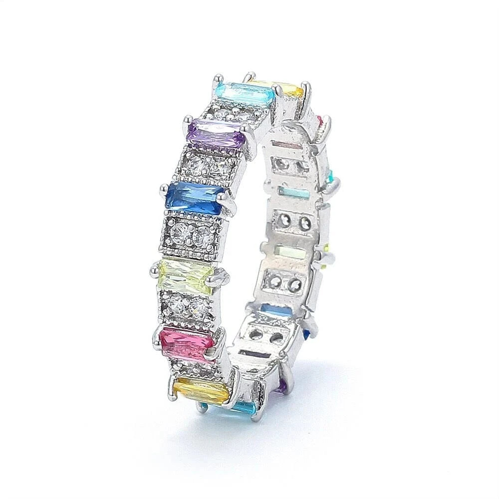 Wholesale Fashion Jewelry 18K Gold Plated Multi-Colored CZ Rainbow Rings for Women