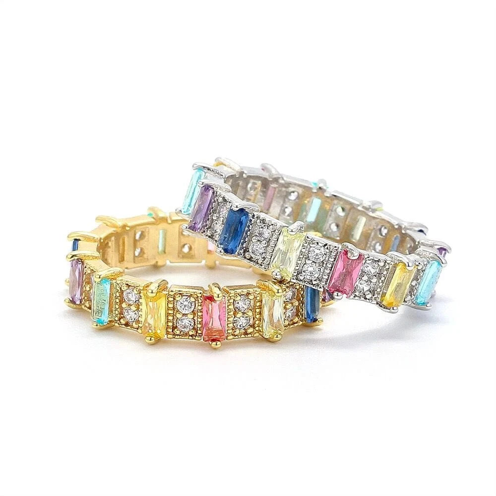 Wholesale Fashion Jewelry 18K Gold Plated Multi-Colored CZ Rainbow Rings for Women