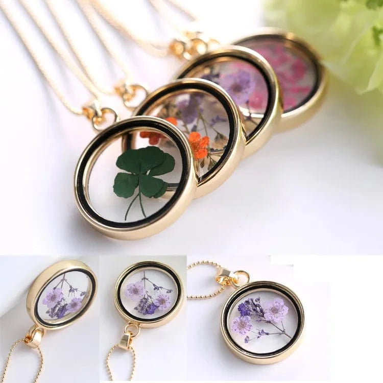 Wholesale Gold Chains Fashion Botanical Resin Jewelry Gold Plated Crystal Dried Flowers Rosary Pendant Necklaces For Girls