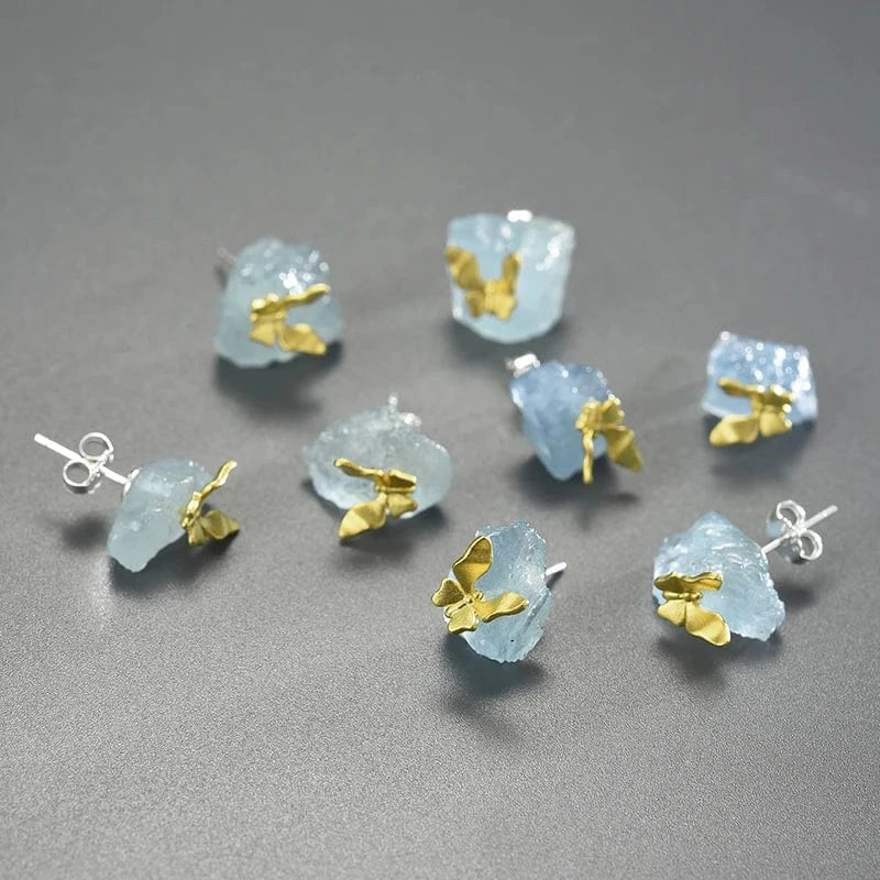 Wholesale hand made 925 Sterling Silver18k gold Natural aquamarine stone Butterfly dragonfly stud Earring fine jewelry for women