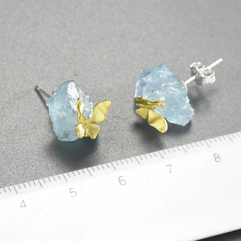 Wholesale hand made 925 Sterling Silver18k gold Natural aquamarine stone Butterfly dragonfly stud Earring fine jewelry for women