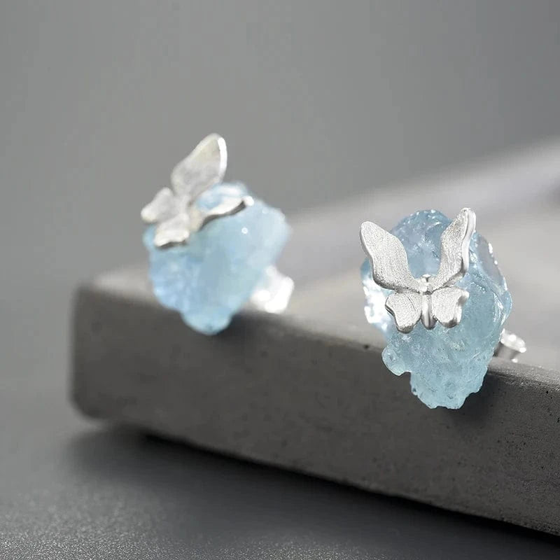 Wholesale hand made 925 Sterling Silver18k gold Natural aquamarine stone Butterfly dragonfly stud Earring fine jewelry for women