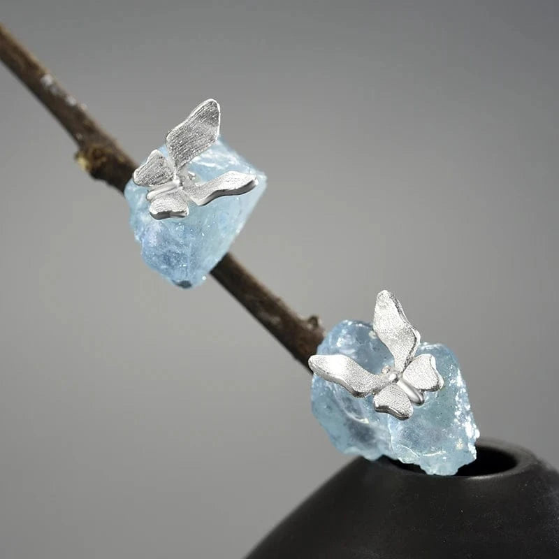 Wholesale hand made 925 Sterling Silver18k gold Natural aquamarine stone Butterfly dragonfly stud Earring fine jewelry for women