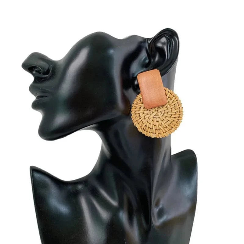 Wholesale Handmade Wood Boho Statement Earrings Natural Rattan Knit Straw Stud Earrings for Women
