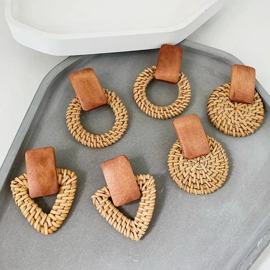 Wholesale Handmade Wood Boho Statement Earrings Natural Rattan Knit Straw Stud Earrings for Women
