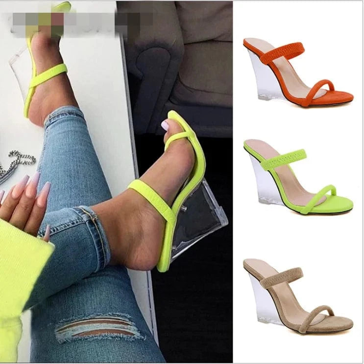 Wholesale heels women fashion wedge clear heels suede strap slippers mules sexy Ladies Summer shoes Footwear high heel sandals