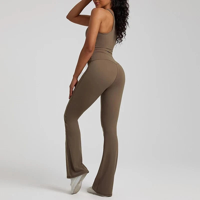 Wholesale High Neck Racer Back Sports Bra Wide Leg Flared Pants No Front Seam Line Legging Workout Fitness Gym Wear Yoga Set