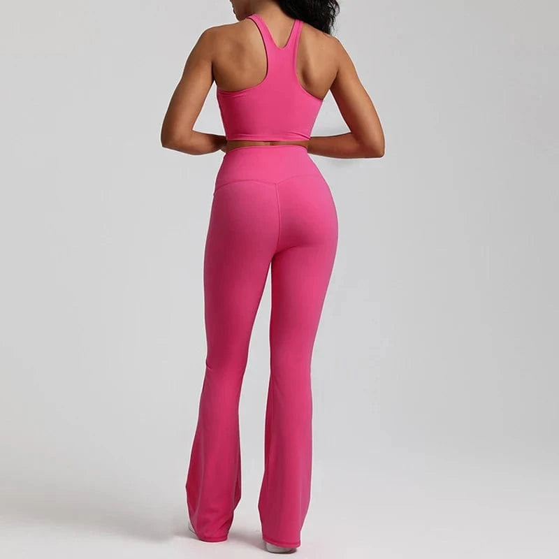 Wholesale High Neck Racer Back Sports Bra Wide Leg Flared Pants No Front Seam Line Legging Workout Fitness Gym Wear Yoga Set