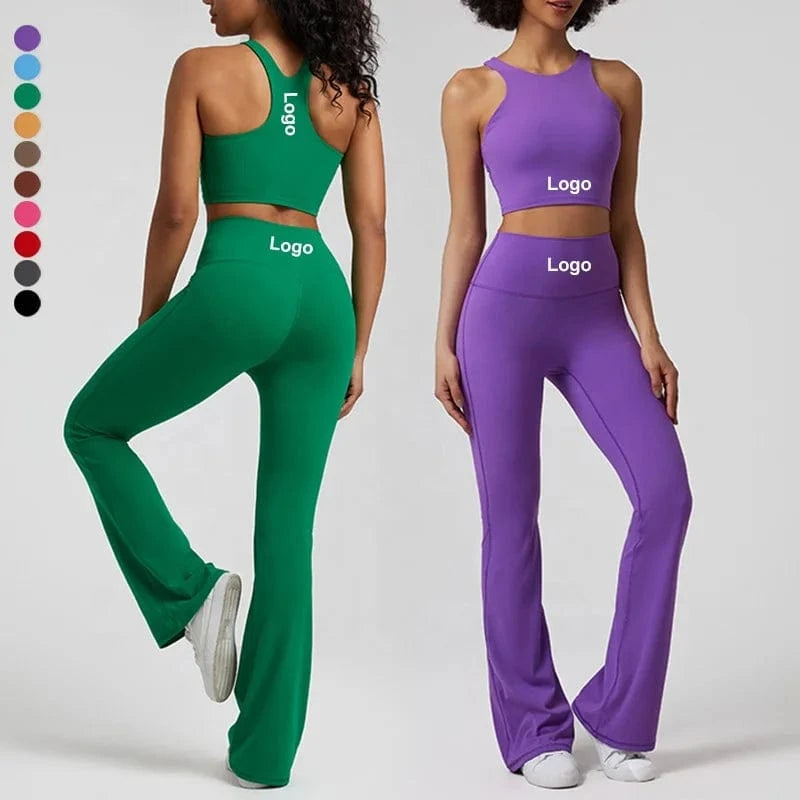 Wholesale High Neck Racer Back Sports Bra Wide Leg Flared Pants No Front Seam Line Legging Workout Fitness Gym Wear Yoga Set