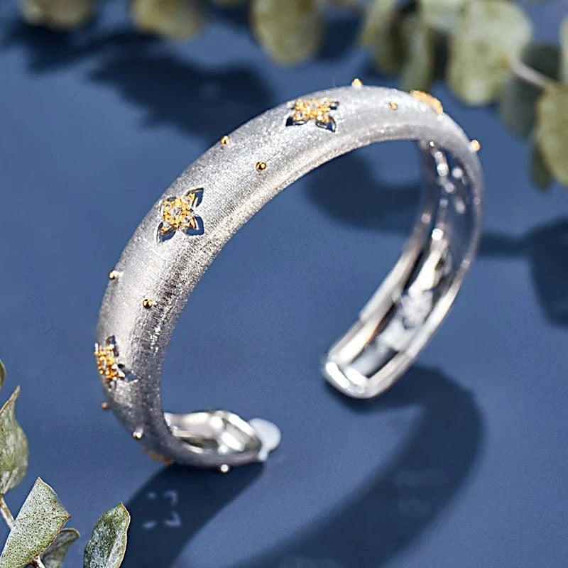 Wholesale Italian Silver Jewelry Plated Four Leaf Stone Vintage Italian Craft Bracelets Bangles Gold for Women Box 1 Piece 17.5g