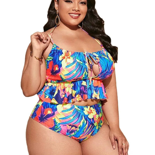 Wholesale Large Size Swimwear Floral Print Fat Women Sexy Swimsuit Big Bathing Suit Halter High Waist Plus Size Bikini Set 2023