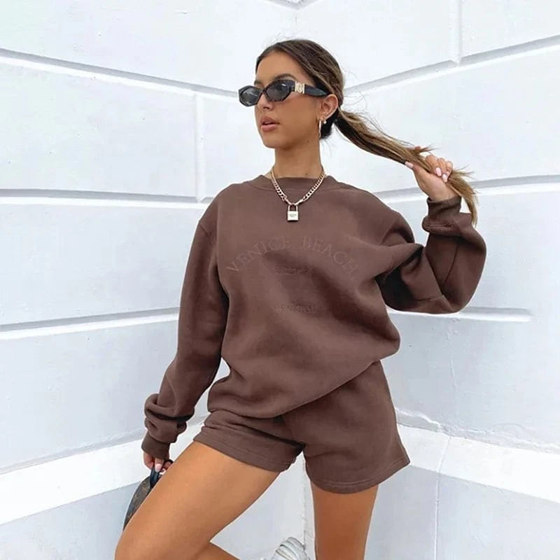 Wholesale Letter Embroidery Women Loose Casual Sweatshirt Fleece Pullovers and Drawstring Shorts Two Pieces Set Thick Tracksuit