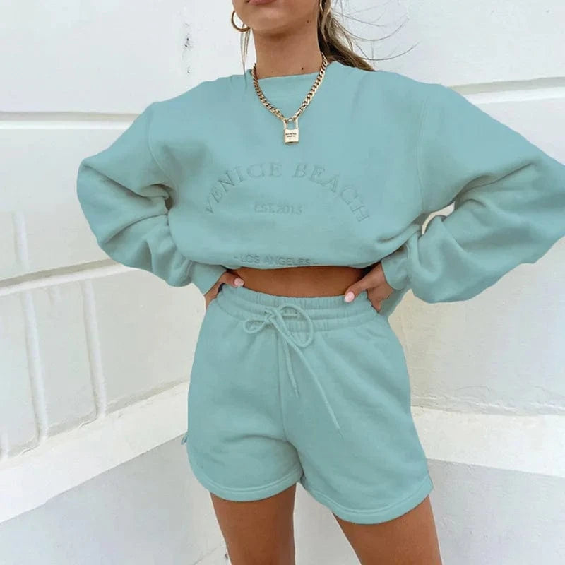 Wholesale Letter Embroidery Women Loose Casual Sweatshirt Fleece Pullovers and Drawstring Shorts Two Pieces Set Thick Tracksuit