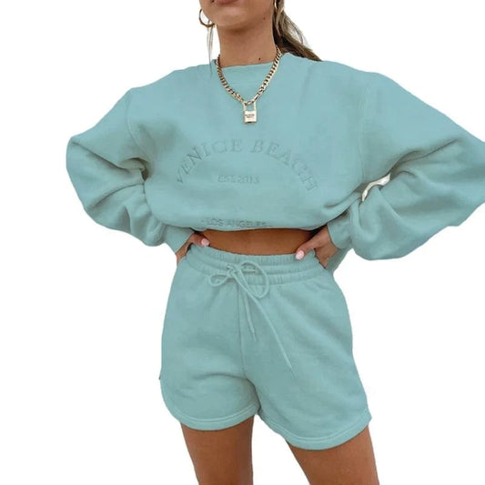 Wholesale Letter Embroidery Women Loose Casual Sweatshirt Fleece Pullovers and Drawstring Shorts Two Pieces Set Thick Tracksuit