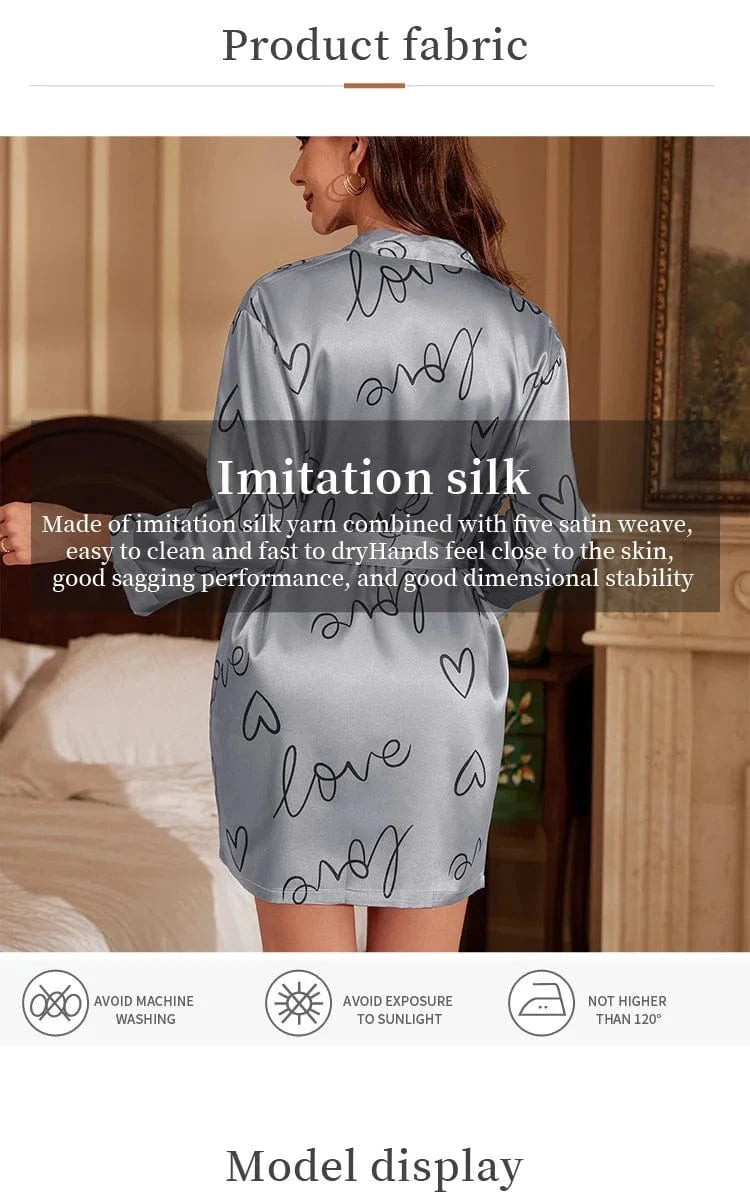 Wholesale Letter Print Silky Nightgown Robe Womens Short Pajamas Kimono Robe Sleepwear Valentine's Gift for Girlfriend Wife