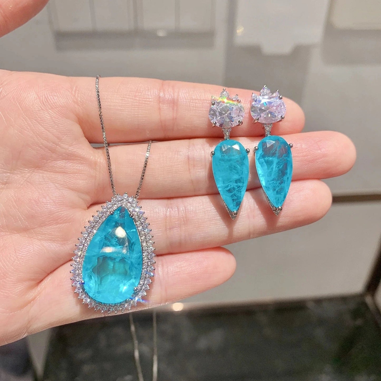 Wholesale luxury blue Brazil Fusion stone wedding party gift jewelries set