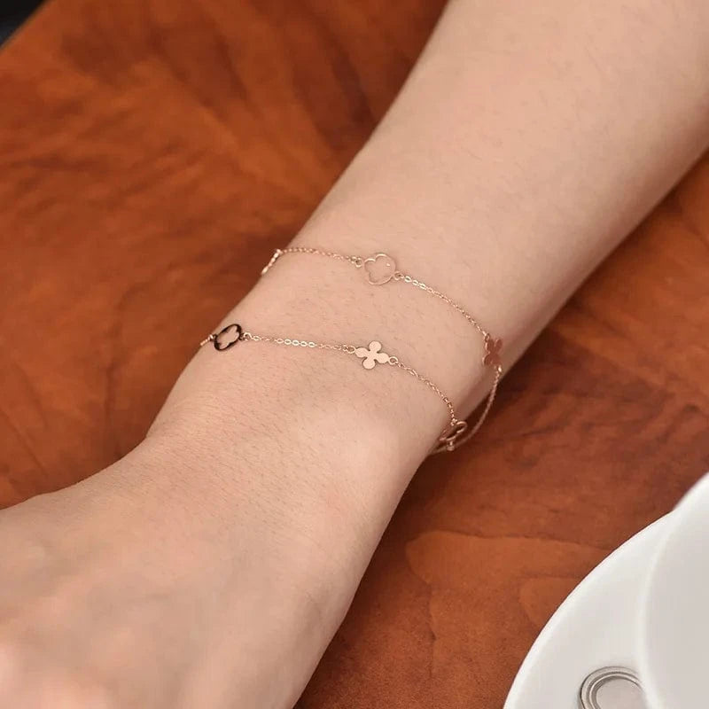 Wholesale Luxury Jewelry 14K Yellow/Rose Gold Chain Fashion Double Layer Hollow Four Leaf Clover Bracelet for Women
