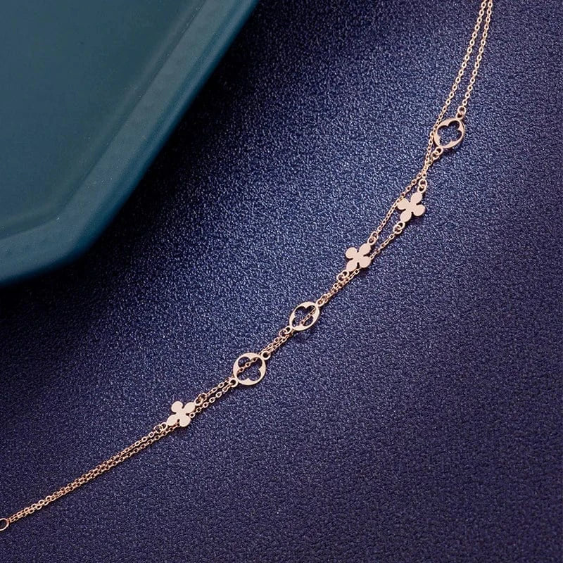 Wholesale Luxury Jewelry 14K Yellow/Rose Gold Chain Fashion Double Layer Hollow Four Leaf Clover Bracelet for Women