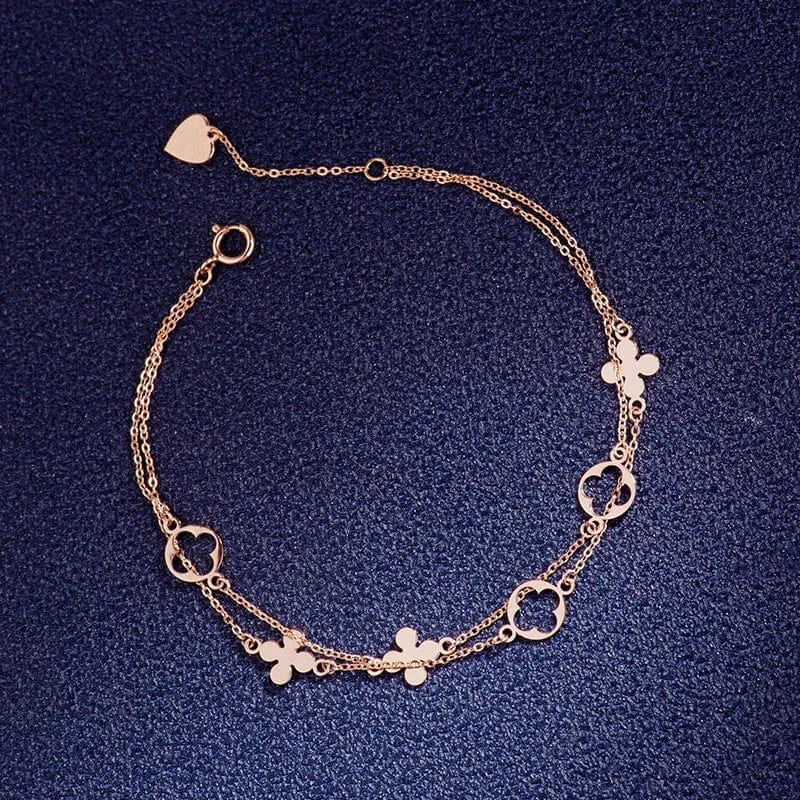 Wholesale Luxury Jewelry 14K Yellow/Rose Gold Chain Fashion Double Layer Hollow Four Leaf Clover Bracelet for Women