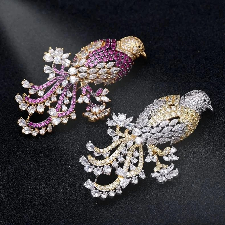 Wholesale luxury womens micro paved zircon pink bird decorative jewelry designer  brooches women