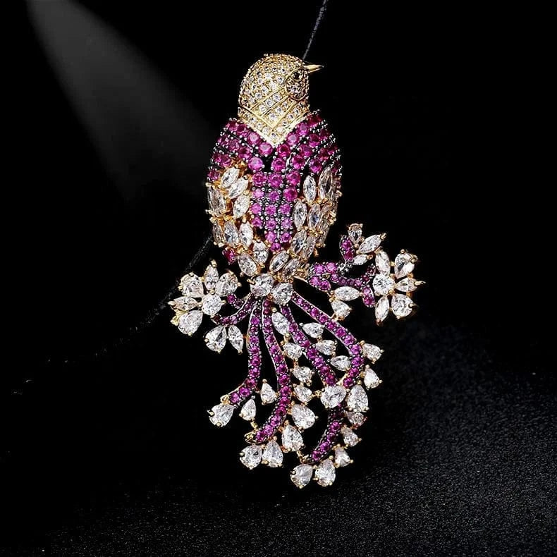 Wholesale luxury womens micro paved zircon pink bird decorative jewelry designer  brooches women