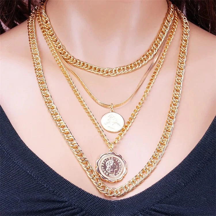 Wholesale Multilayer Retro Round  Gold Plated Necklace Charm Pendant Necklace Hip Hop Jewelry
