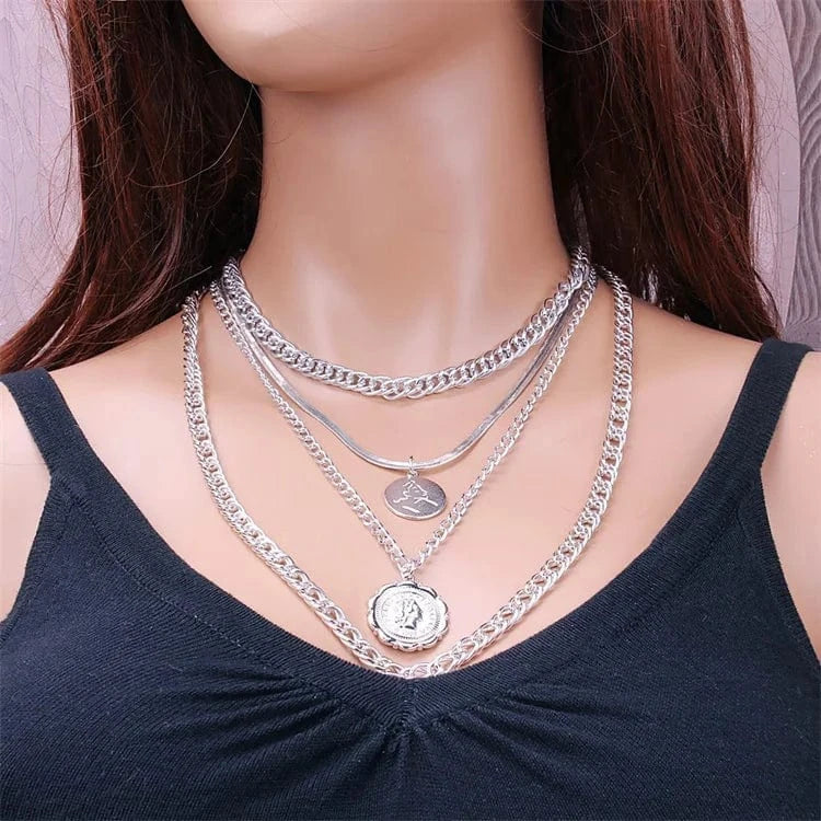 Wholesale Multilayer Retro Round  Gold Plated Necklace Charm Pendant Necklace Hip Hop Jewelry