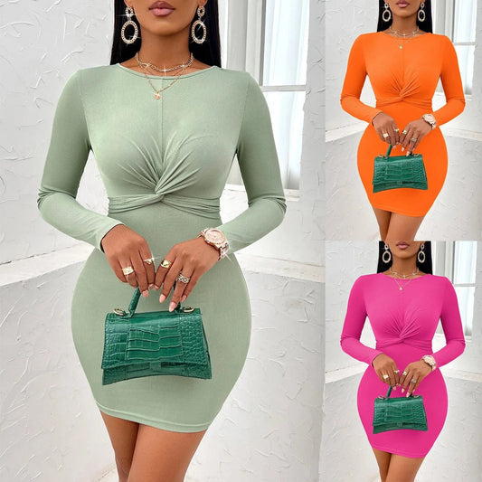 Wholesale new 2024 women's clothing ladies sexy night club casual crewneck twisted long sleeve women bodycon skirt dress