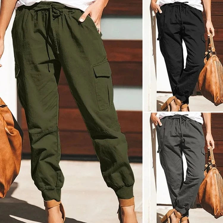 Wholesale New All Occasions Women Cargo Pants Solid Color Casual Fashion Joggers Pocket Elastic Waist Tie Long Women's Trousers