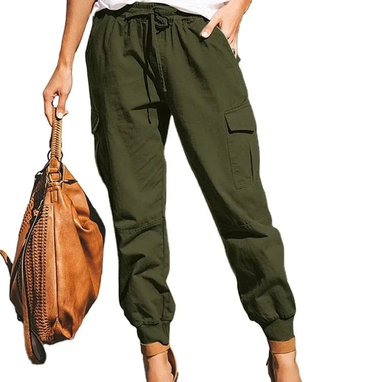 Wholesale New All Occasions Women Cargo Pants Solid Color Casual Fashion Joggers Pocket Elastic Waist Tie Long Women's Trousers