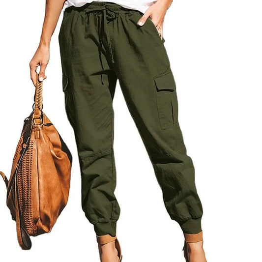 Wholesale New All Occasions Women Cargo Pants Solid Color Casual Fashion Joggers Pocket Elastic Waist Tie Long Women's Trousers