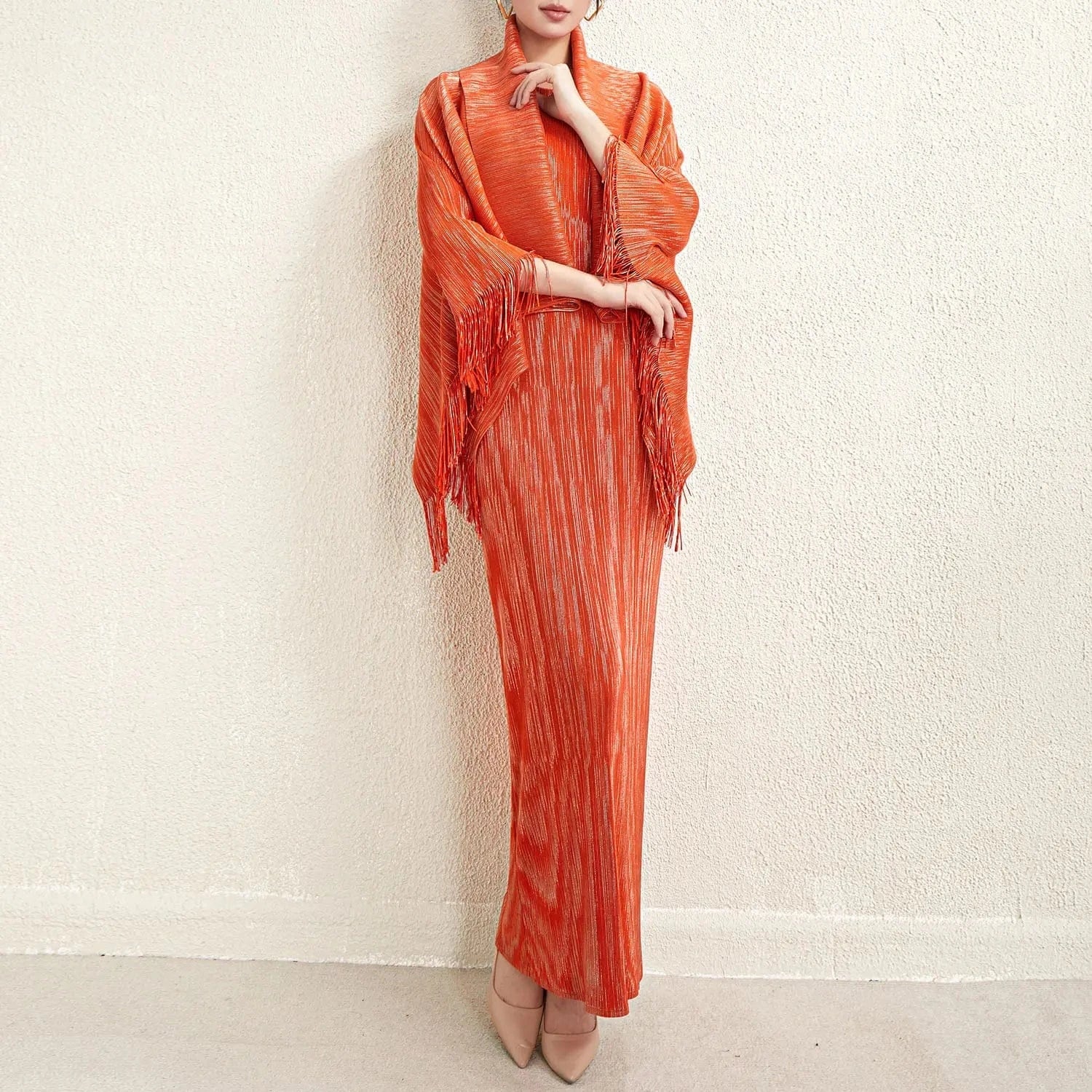 Wholesale New Arrival 2024 Miyake Pleated Dress Women's Tassel Shawl Two-piece Casual Elegant Fashion Dress