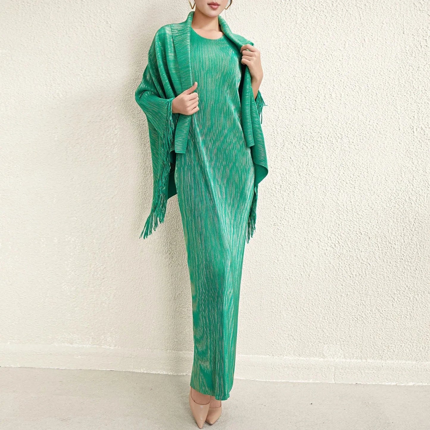 Wholesale New Arrival 2024 Miyake Pleated Dress Women's Tassel Shawl Two-piece Casual Elegant Fashion Dress