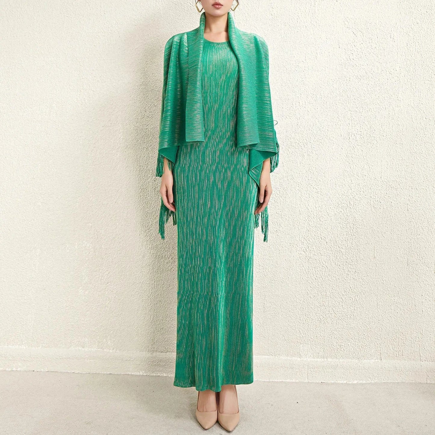 Wholesale New Arrival 2024 Miyake Pleated Dress Women's Tassel Shawl Two-piece Casual Elegant Fashion Dress
