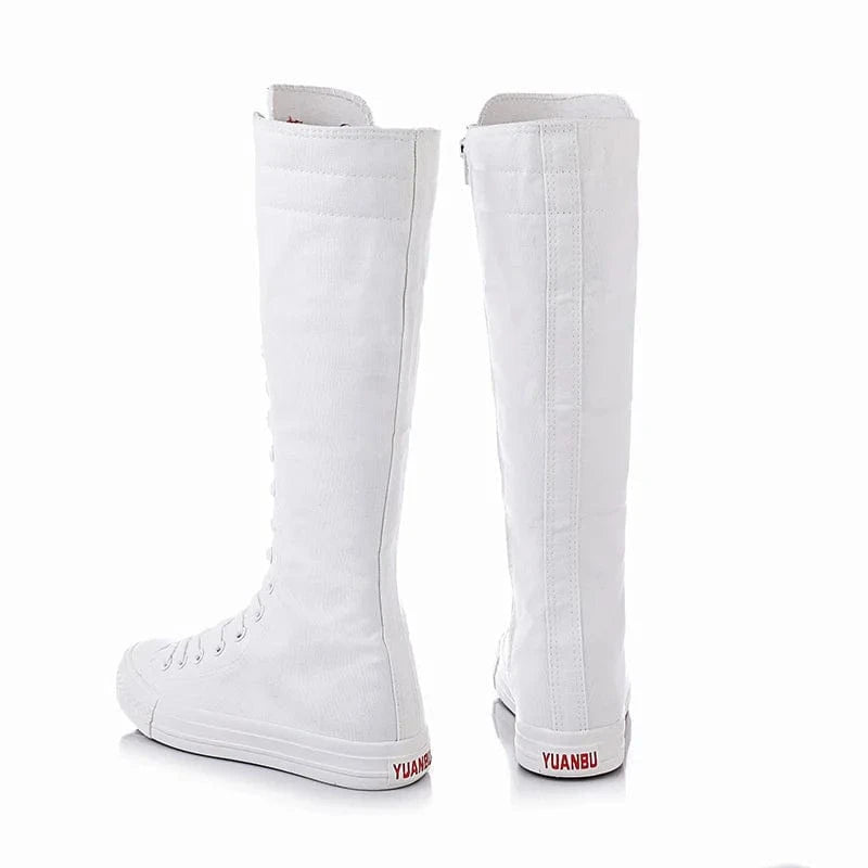 Wholesale New Arrivals High Top Casual Soft Bottom Boots White Canvas Shoes For Women Knee High Flat Boots
