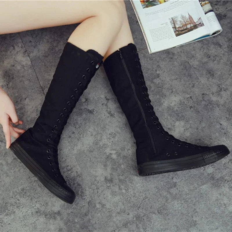 Wholesale New Arrivals High Top Casual Soft Bottom Boots White Canvas Shoes For Women Knee High Flat Boots