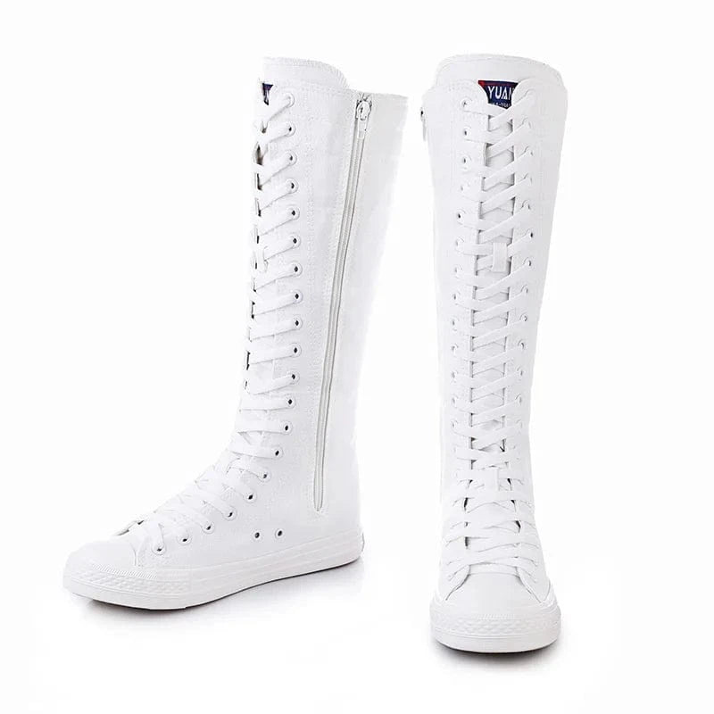 Wholesale New Arrivals High Top Casual Soft Bottom Boots White Canvas Shoes For Women Knee High Flat Boots