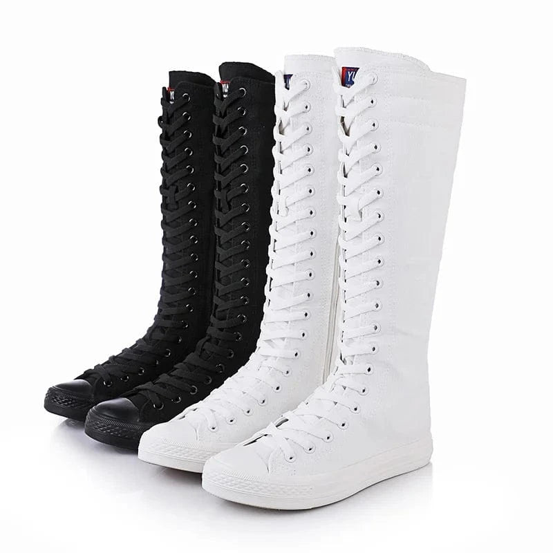 Wholesale New Arrivals High Top Casual Soft Bottom Boots White Canvas Shoes For Women Knee High Flat Boots