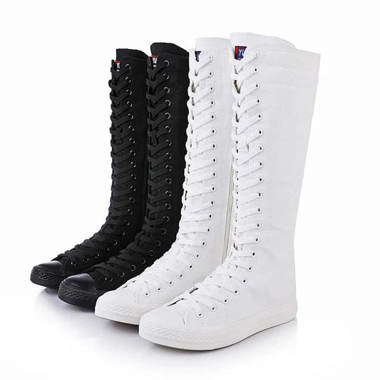 Wholesale New Arrivals High Top Casual Soft Bottom Boots White Canvas Shoes For Women Knee High Flat Boots