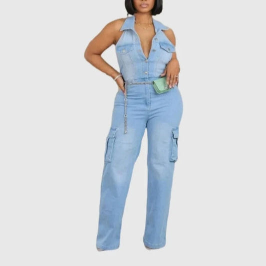 Wholesale New Casual Sleeveless Slim Fit Stretch Washed Denim Straight Leg Jumpsuit For Women Sehe Fashion