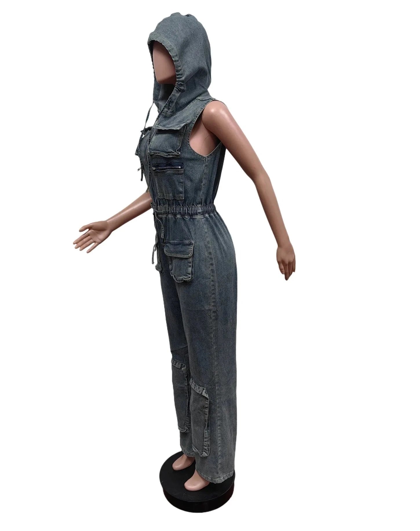 Wholesale New Casual Sleeveless Stretch Retro Multi-Pocket Hooded denim cargo Jumpsuit For Women Sehe Fashion