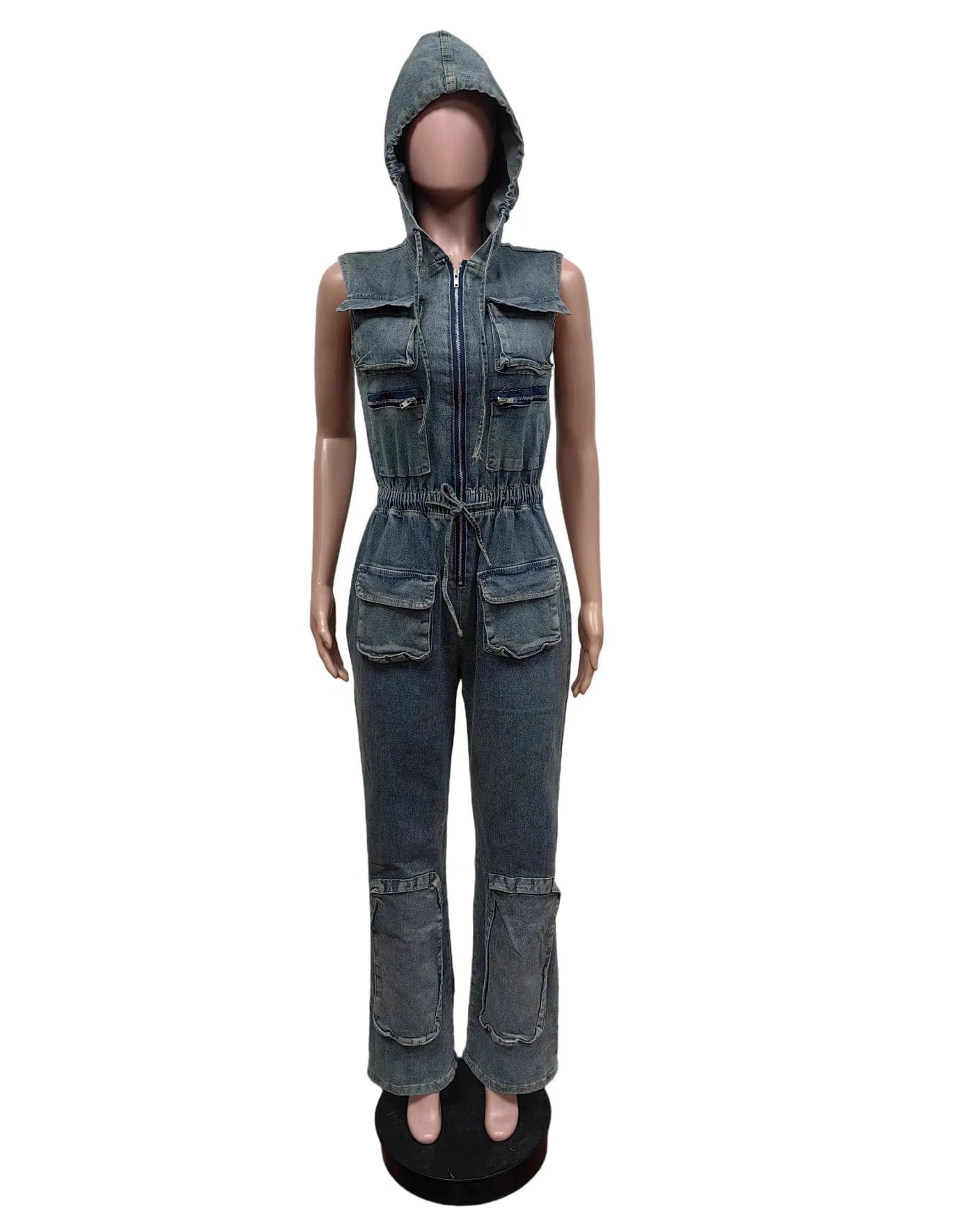Wholesale New Casual Sleeveless Stretch Retro Multi-Pocket Hooded denim cargo Jumpsuit For Women Sehe Fashion