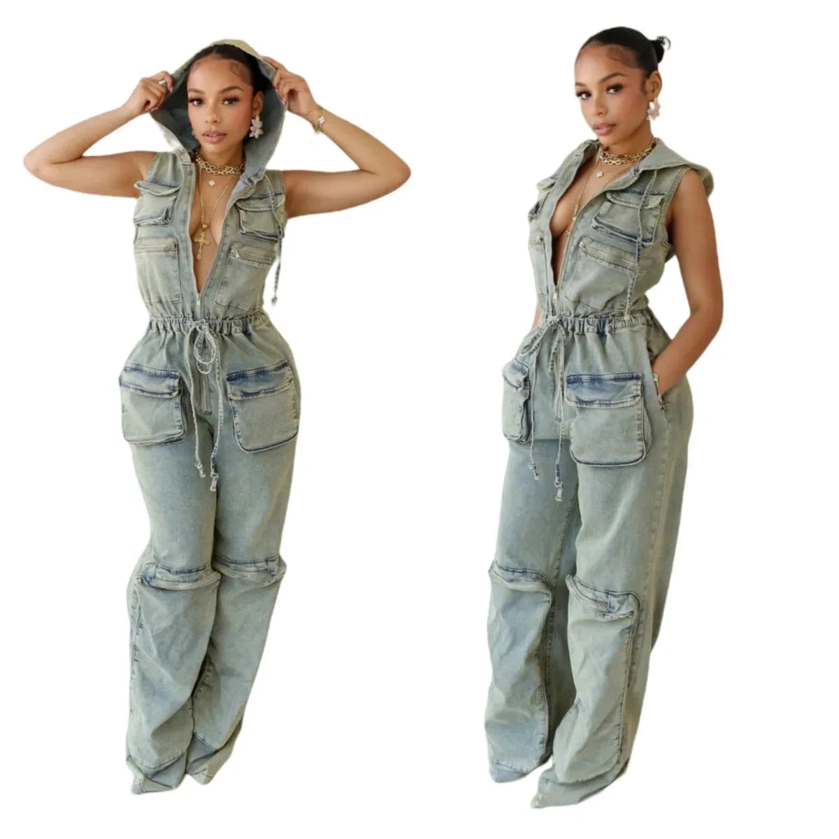 Wholesale New Casual Sleeveless Stretch Retro Multi-Pocket Hooded denim cargo Jumpsuit For Women Sehe Fashion