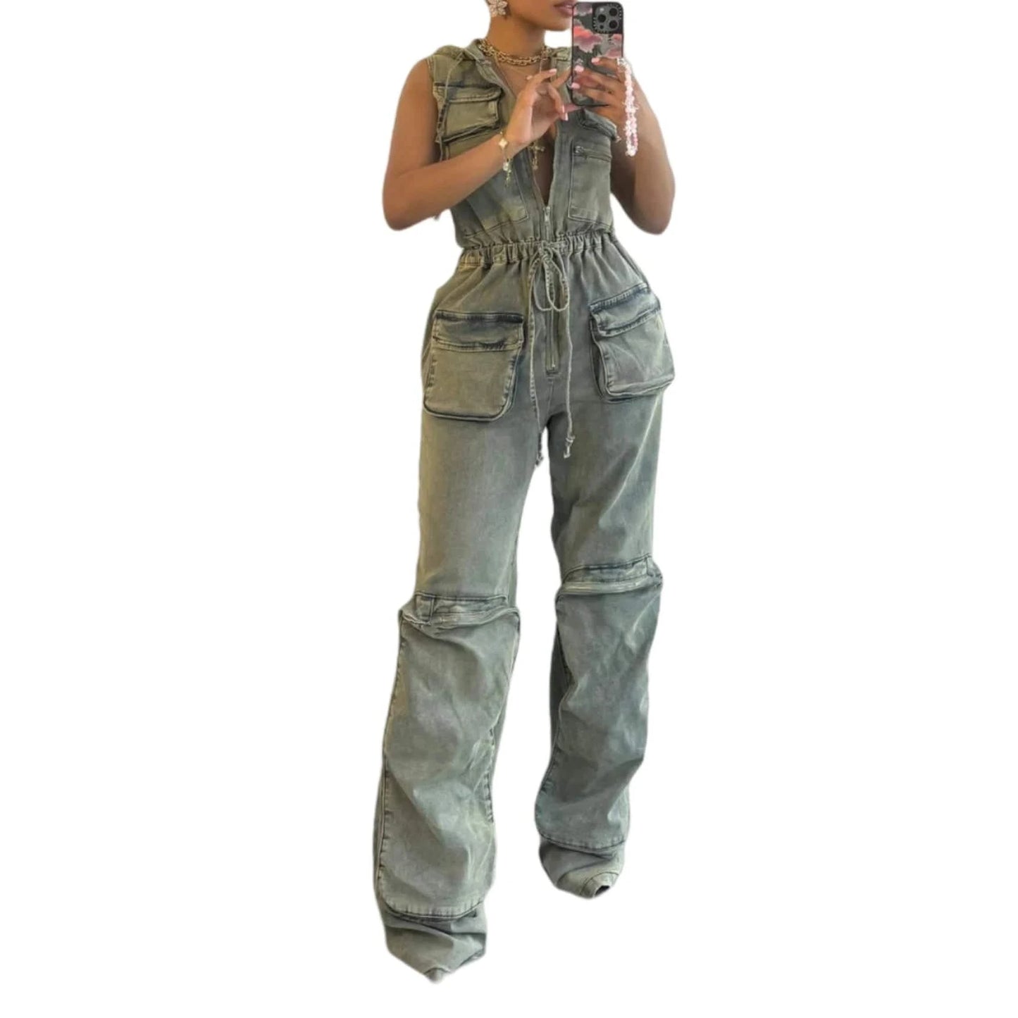 Wholesale New Casual Sleeveless Stretch Retro Multi-Pocket Hooded denim cargo Jumpsuit For Women Sehe Fashion