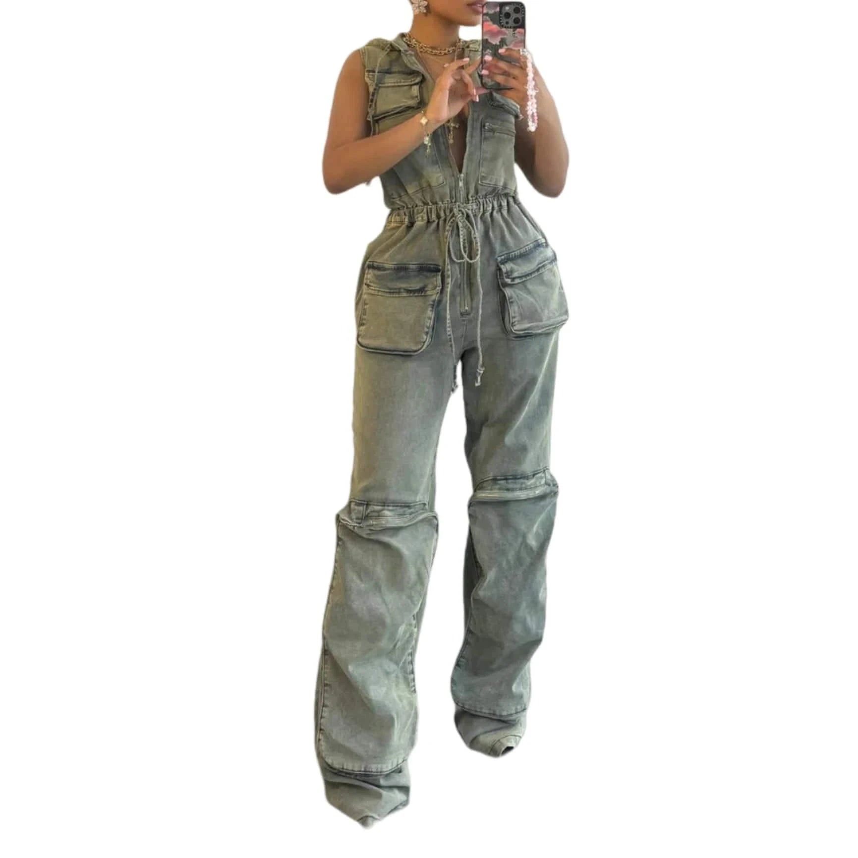 Wholesale New Casual Sleeveless Stretch Retro Multi-Pocket Hooded denim cargo Jumpsuit For Women Sehe Fashion