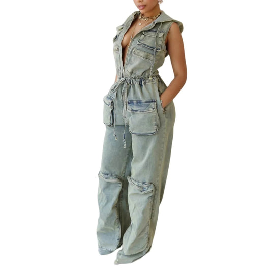 Wholesale New Casual Sleeveless Stretch Retro Multi-Pocket Hooded denim cargo Jumpsuit For Women Sehe Fashion