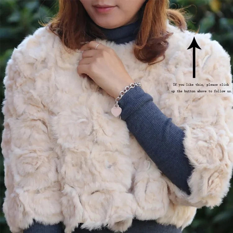 Wholesale New Design Rose Knitted O-Neck Trench Real Rabbit Fur Coats