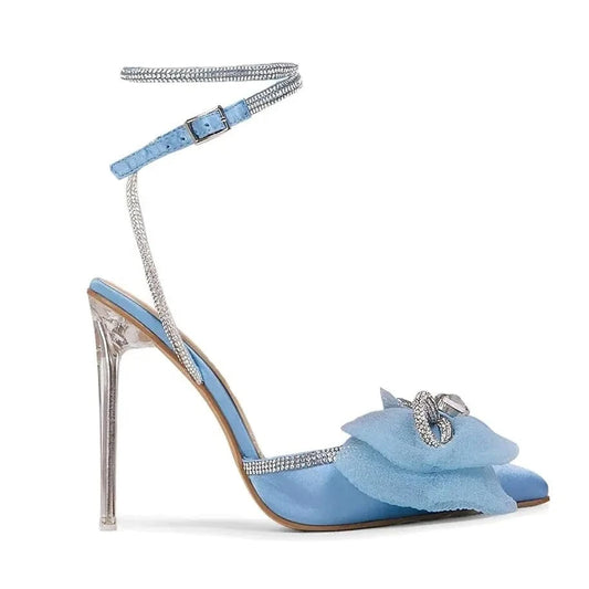 Wholesale New Design Women Heels Shoes Chriselle Bow Detail Diamante Lace Up Clear Perspex Heel In Blue Satin Women Heels Pumps