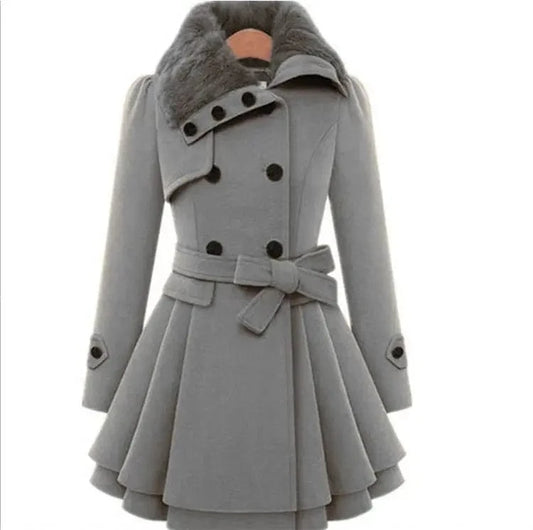 Wholesale New Fashion Women Girls Fur Collar design warm long plus size double breast button belt sur collar winter coat women